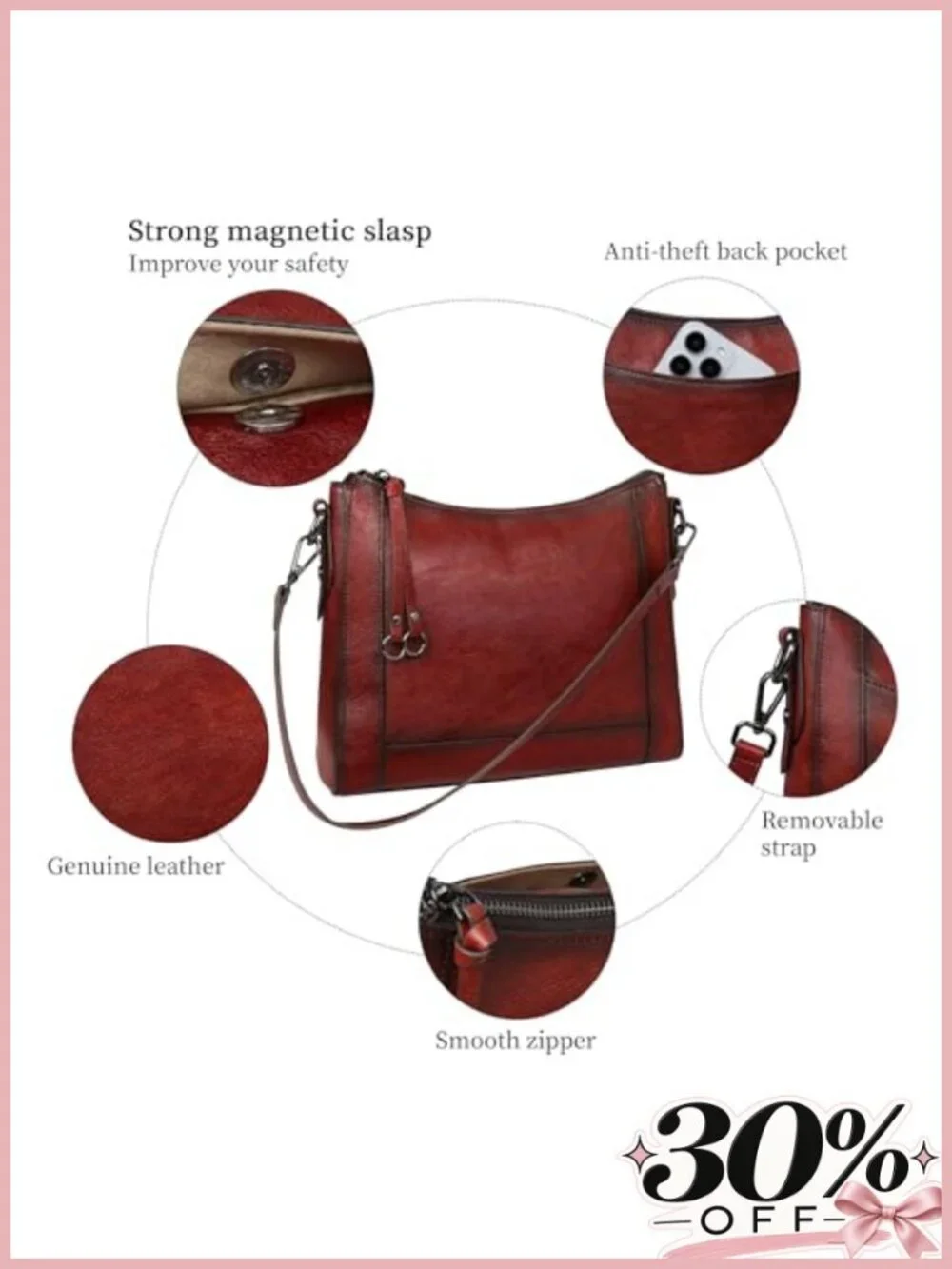 Genuine Leather Crossbody Shoulder Bag Adjustable Strap Everyday Purse